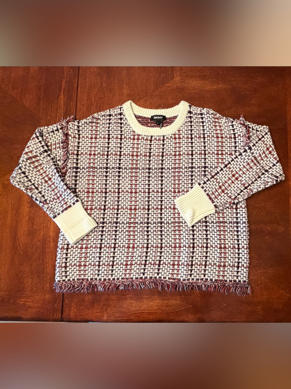 DKNY Cream, Brown & Black  Plaid Knit Sweater
